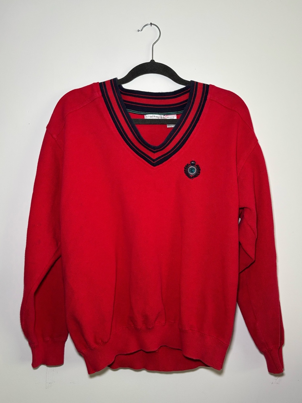 Claiborne Red V-Neck Sweater with Crest Patch